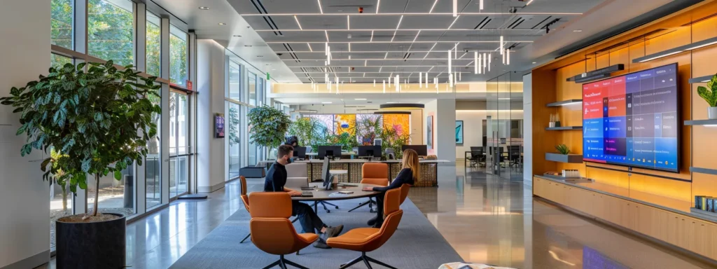 a modern office space showcases a diverse group of business owners collaboratively utilizing sleek laptops and digital tools, while visual elements like a digital content calendar and performance analytics graphs prominently highlight their efficient workflow strategies.