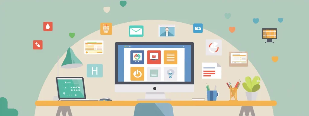 a modern office workspace features a sleek computer setup with an open wordpress interface displaying colorful plugin icons, emphasizing a streamlined and efficient digital management experience for small business owners.