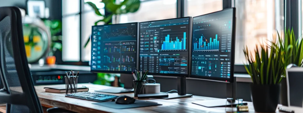 a sleek, modern office setting features a high-tech workstation with multiple screens displaying real-time website performance metrics and optimization tools, illuminated by bright, focused lighting to emphasize a sense of efficiency and productivity.