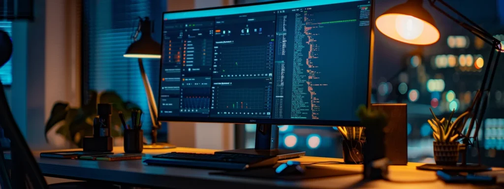 a sleek, modern office workspace features a large computer screen displaying a wordpress security dashboard, surrounded by notes on best practices like strong passwords and two-factor authentication, illuminated by warm ambient lighting that enhances the focus on cybersecurity.